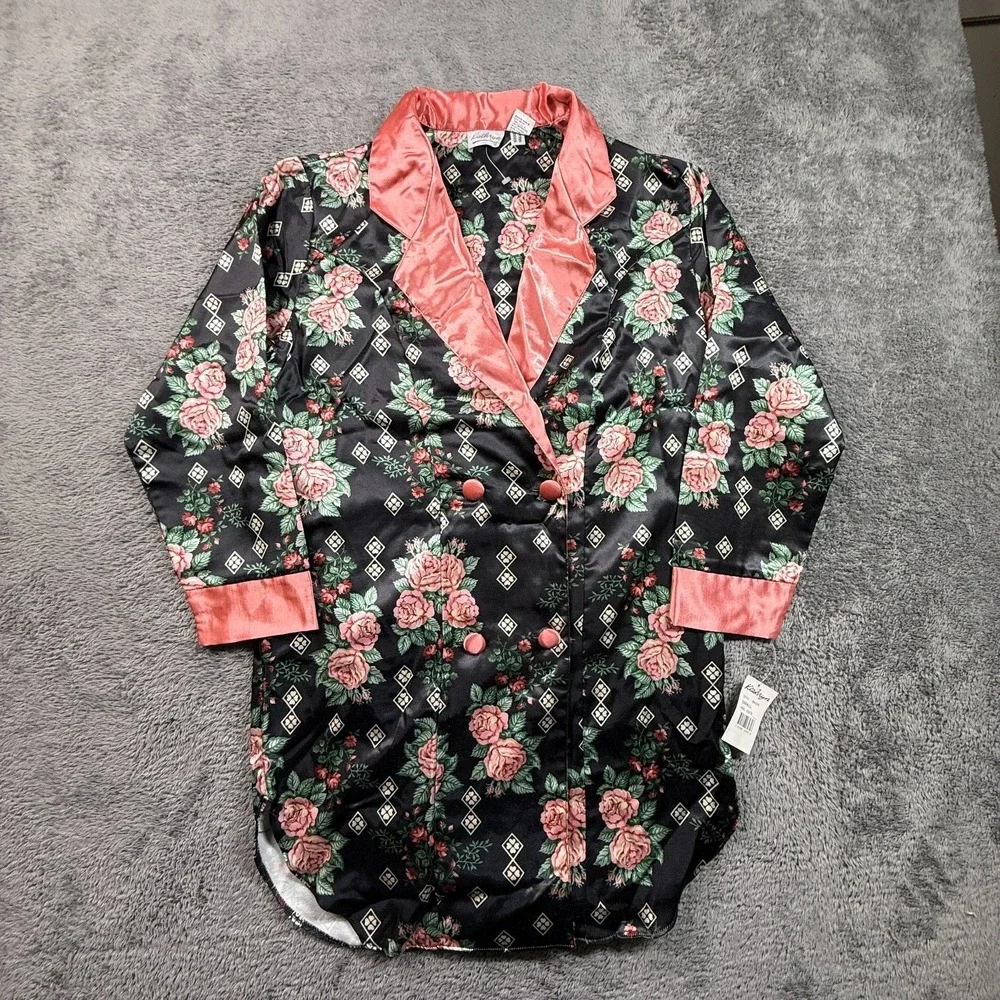 Kathryn Womens S Satin Robe NWT Black Pink Floral Print Long Sleeve Sleepwear - Picture 1 of 6